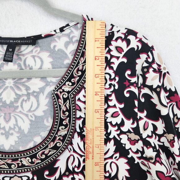 WHBM Dress Womens Medium Black Pink Damask Bell Long Sleeve Mini Shift Casual - Picture 4 of 10